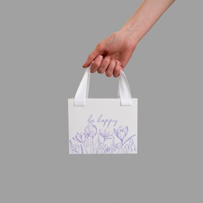 15х12х5 коробка-сумка белая "Be happy" цветочный принт №2 0027 фото